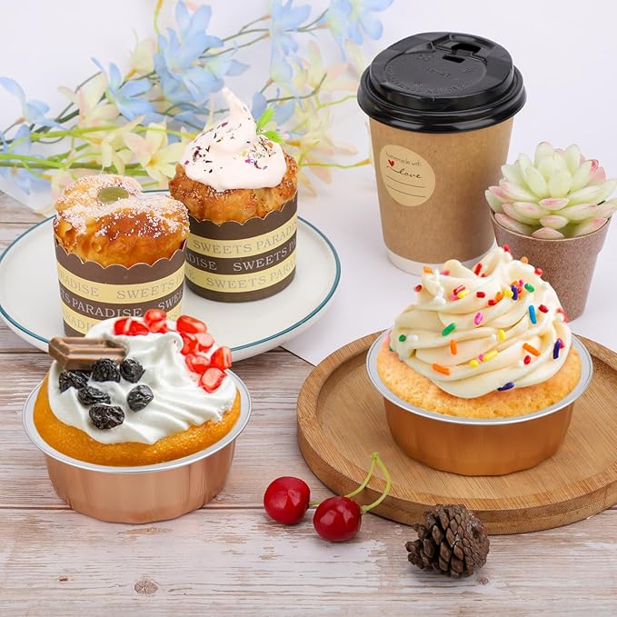Beasea Aluminum Ramekins, 8oz 200 Pack Disposable Ramekins Foil Cups Baking 3.9" Ramekin Cup Cupcake Aluminum Mini Baking Cups for Party - Rose Gold