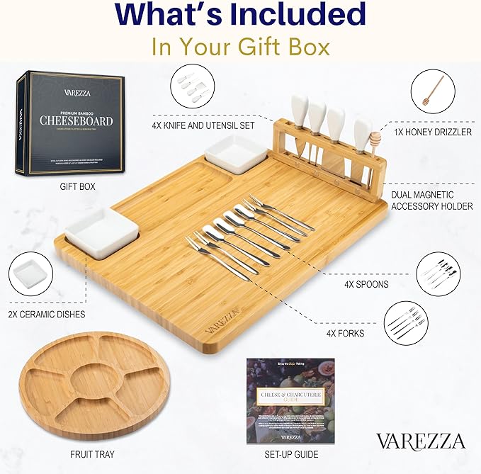 Large Charcuterie Boards Set: Bamboo Cheese Board and Knife Set- Unique for Mom 10 Entertaining Accessories, Christmas and Wedding Gifts for Couple, House Warming New Home