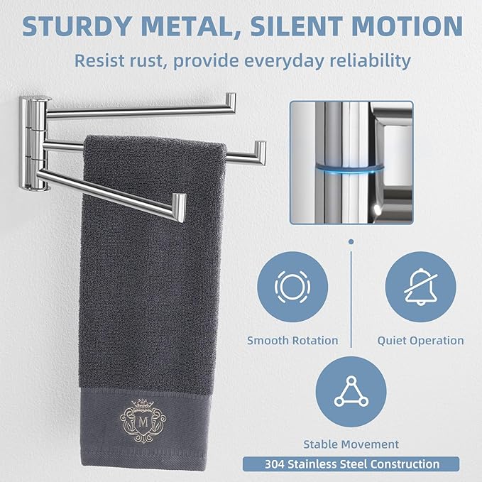 Aomasi Swivel Towel Rack for Bathroom, 304 Stainless Steel Wall Mounted Rotating Towel Holder with 3 Arms, Space Saving & Heavy Duty, Polished Chrome