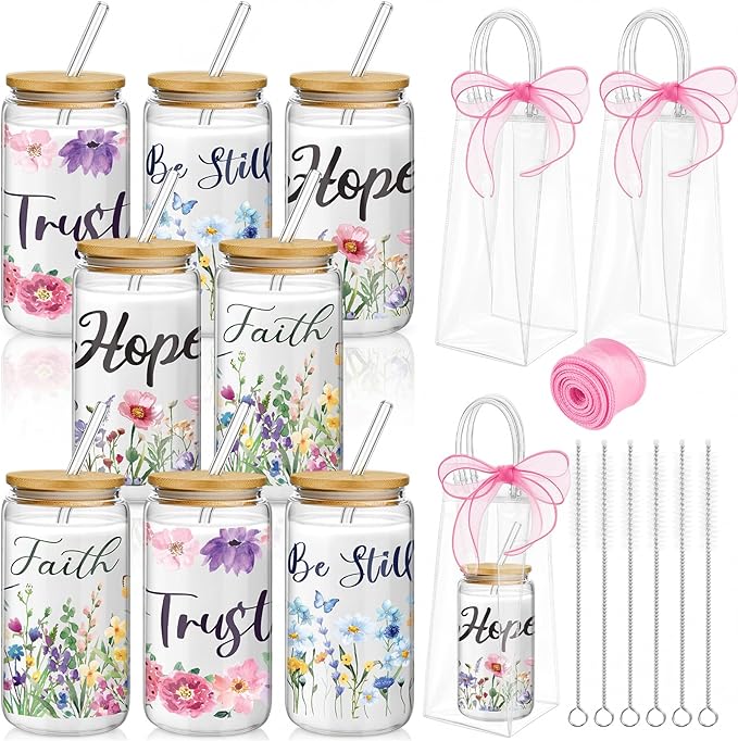 Mumufy 8 Sets Christian Glass Cups with Clear Gift Bag 16 oz Reusable Pink Iced Coffee Mugs Aesthetic Cute Tumbler with Lids and Straws, Gifts for Girls Women Bridesmaid