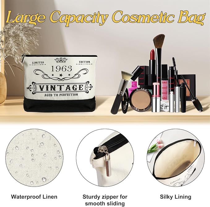 YeohJoy 63rd Birthday Gifts for Women Canvas Tote Bag Travel Gear, Unique 63 Years Old Birthday Gifts for Mom Aunt Friends Wife Sister Her, Vintage 1963 Handbag & Cosmetic Bag & Back in 1963 Poster
