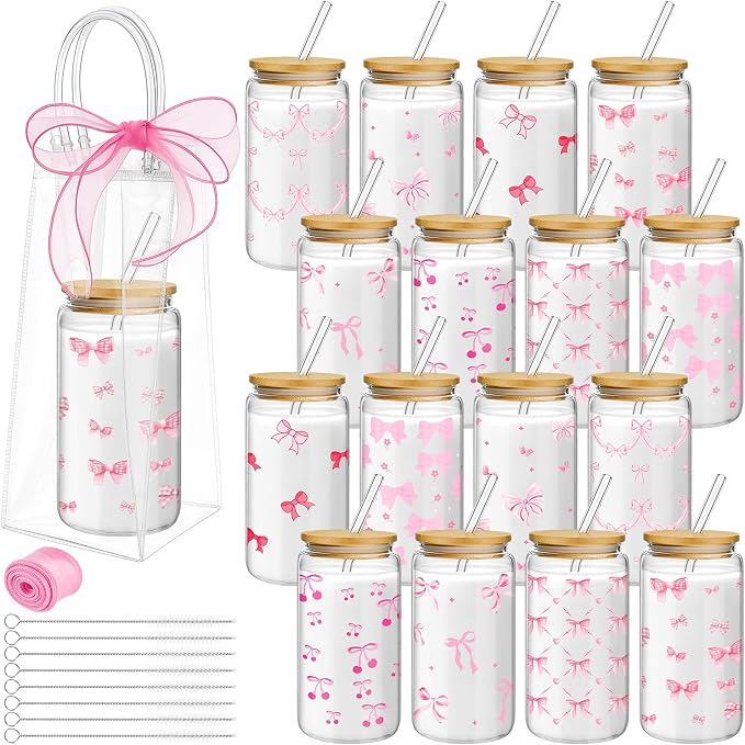 Mumufy 16 Sets Coquette Bow Glass Cups with Clear Gift Bag 16 oz Reusable Pink Iced Coffee Mugs Aesthetic Cute Tumbler with Lids and Straws, Gifts for Girls Women Bridesmaid