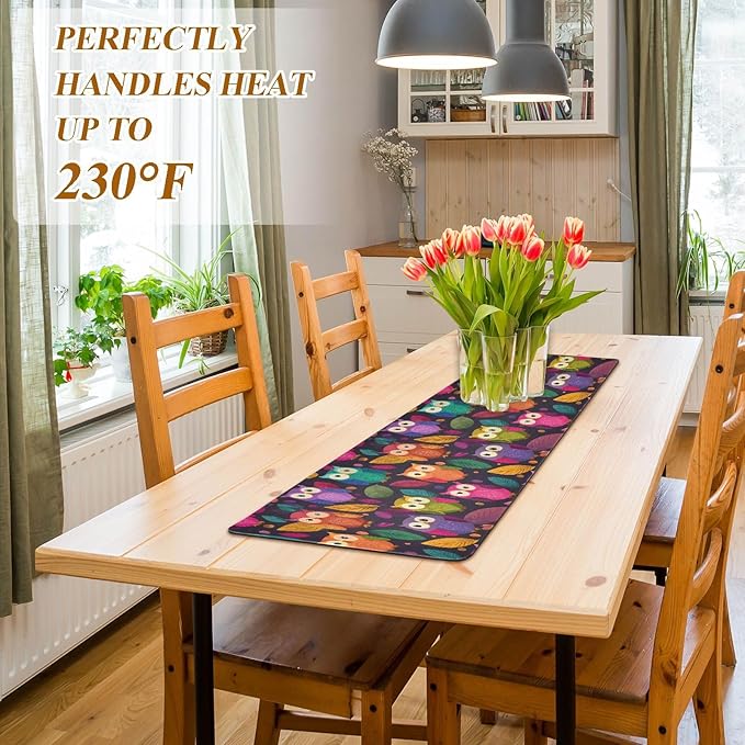2 in 1 Table Runner Trivet for Hot Pots and Pans Heat Resistant Non Slip Waterproof 39 x 12 Inch Decorative Table Protector for Kitchen Countertop Black Owl and Leaves