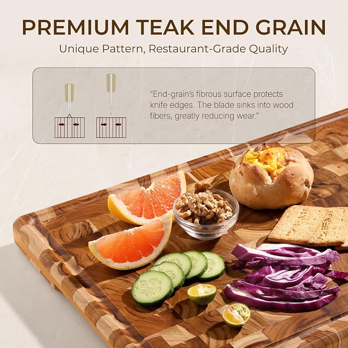 Teak Wood Cutting Boards for Kitchen 20'' Extra Large Butcher Block End Grain Wooden Cutting Board with Juice Groove & Handle Heavy Duty Chopping Charcuterie Board Non Toxic Slip Serving KnifeFriendly