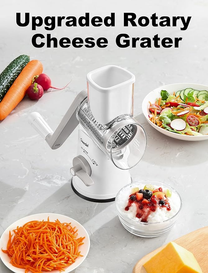 Geedel Rotary Cheese Grater Cheese Shredder - Upgraded 6-in-1 Cheese Grater with Handle and Strong Suction Base, Multi-purpose Vegetable Slicer Ice Shaver Nuts Grinder for Ice, Vegetables, Fruit