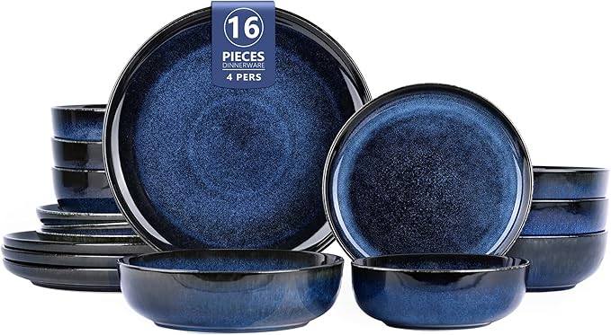 Porcelain Plates and Bowls Set for 4, 16 Pcs Ceramic Blue Reactive Glaze Dinnerware Set with Pasta Bowls, Kitchen Dish Set with Double Bowls, Microwave and Dishwasher Safe