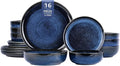 Porcelain Plates and Bowls Set for 4, 16 Pcs Ceramic Blue Reactive Glaze Dinnerware Set with Pasta Bowls, Kitchen Dish Set with Double Bowls, Microwave and Dishwasher Safe
