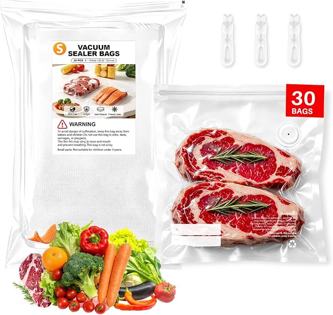 Reusable Vacuum Sealer Bags for Food – 30 BPA-Free Small (8 x 10 in) Food Storage Bags, Freezer Microwave Safe – Odor Resistant, Leak-Proof – Compatible with Compact Vacuum Sealer