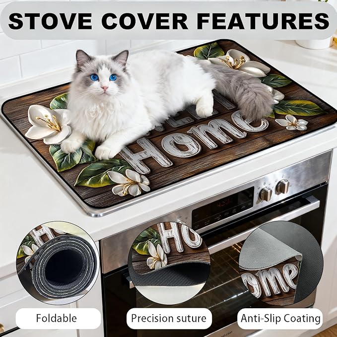 Stove Top Cover for Electric Stove, Vintage Farmhouse Style Glass Cooktop Protector, Multi-functional Kitchen Counter & Washer Top Cover