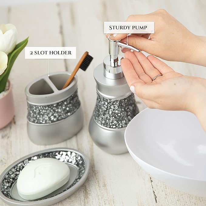 Creative Scents Crackled Glass Silver Bathroom Accessories Set Complete - 6 Piece Bathroom Accessory Set Includes: Trash Can, Tissue Box Cover, Soap Dispenser, Toothbrush Holder, Soap Dish & Tumbler