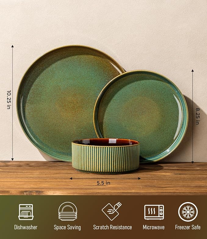 GBHOME Stoneware Dinnerware Sets for 4, 12 Pieces Lightweight Ceramic Ribbed Plates and Bowls Set, Reactive Glaze Stackable Plate Sets,Scratch Resistant Dishes,Microwave & Dishwasher Safe,Maroon Olive