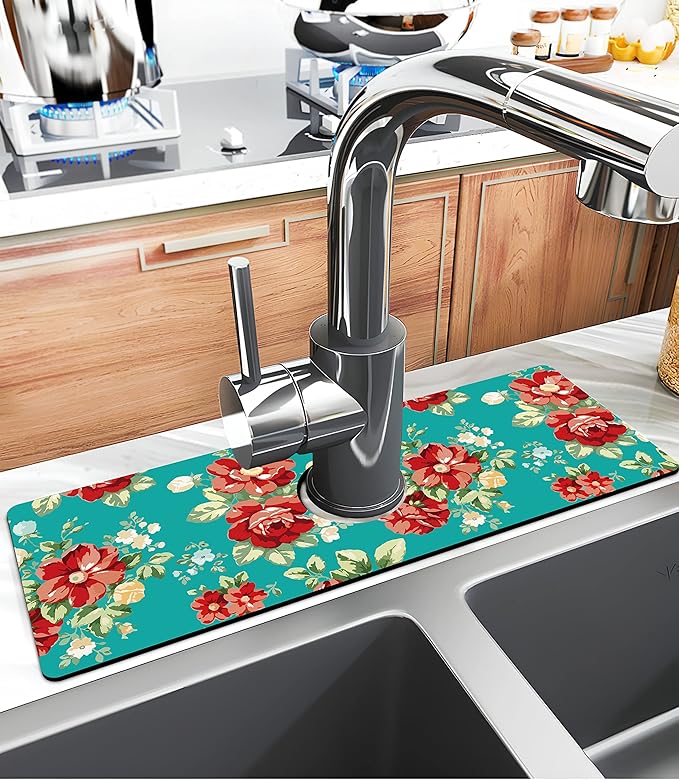 Kitchen Sink Splash Guard Faucet Mat Super Absorbent Fast Drying Mat Sink Gadgets Splash Guard Behind Faucet Drip Catcher for Kitchen (Boho Flowers, 15x5.5in)