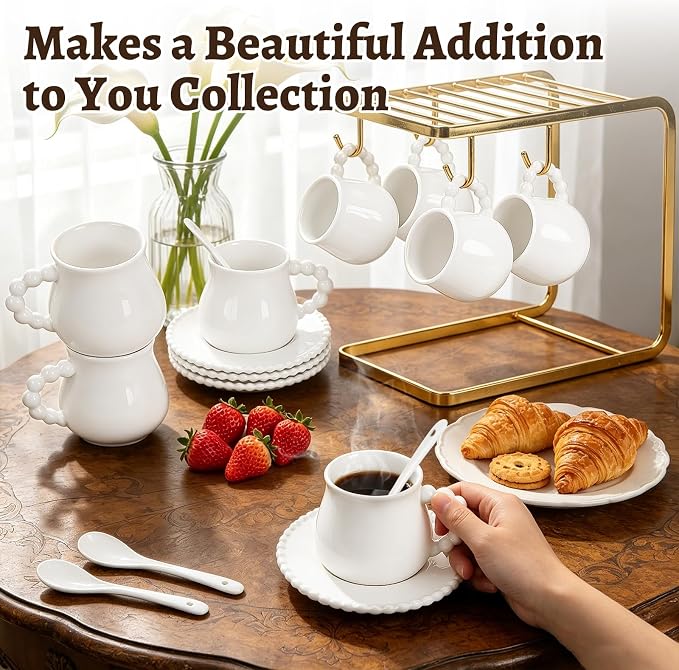 Cappuccino Cups Set of 4, 8 oz Ceramic Coffee Cup and Saucer Set with Spoons, Espresso Coffee Cup Mugs for Latte, Mocha, Tea, Au Lait, Flat White, Dishwasher & Microwave Safe