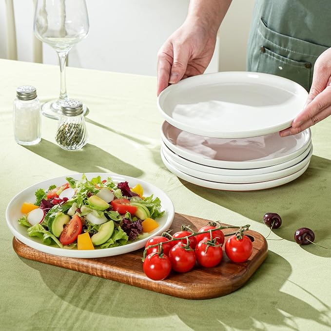 Ceramic Salad Plates Set, 8 Inch, Set of 4, Elegant White | Stoneware, Dishwasher & Microwave Safe, Small Dinner Plates, For Cake, Fruits, Waffle, Pasta, Salad