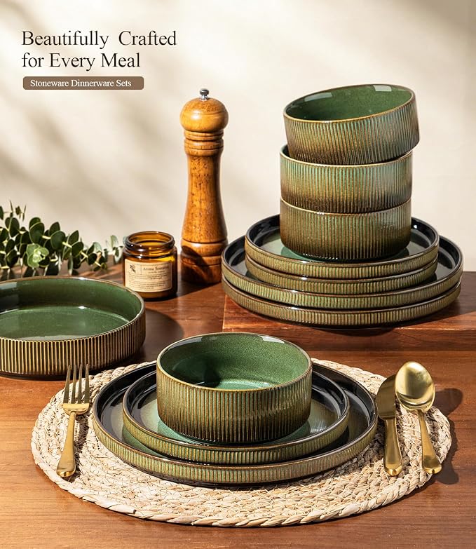GBHOME 12-Piece Stoneware Dinnerware Set for 4 – Ribbed Ceramic Plates and Bowls, Scratch-Resistant, Microwave & Dishwasher Safe, Reactive Glaze, Rustic Green Gradient