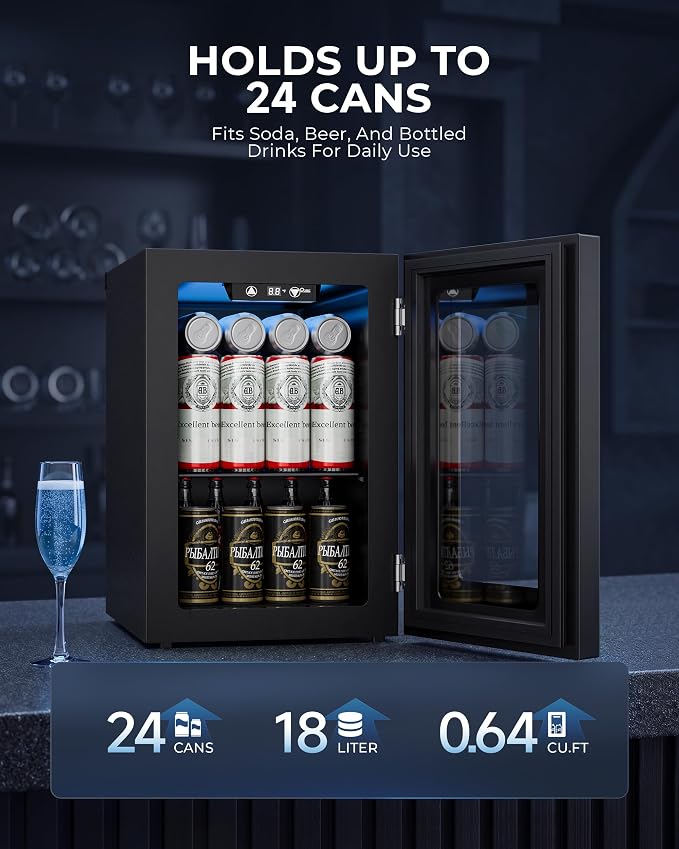 Manastin 18L Beverage Refrigerator Cooler, 24-Can Mini Fridge with Glass Door & LED Light, 40–61°F Digital Temperature Control, Freestanding Drink Fridge for Soda, Beer, Bedroom, Office & Home Bar