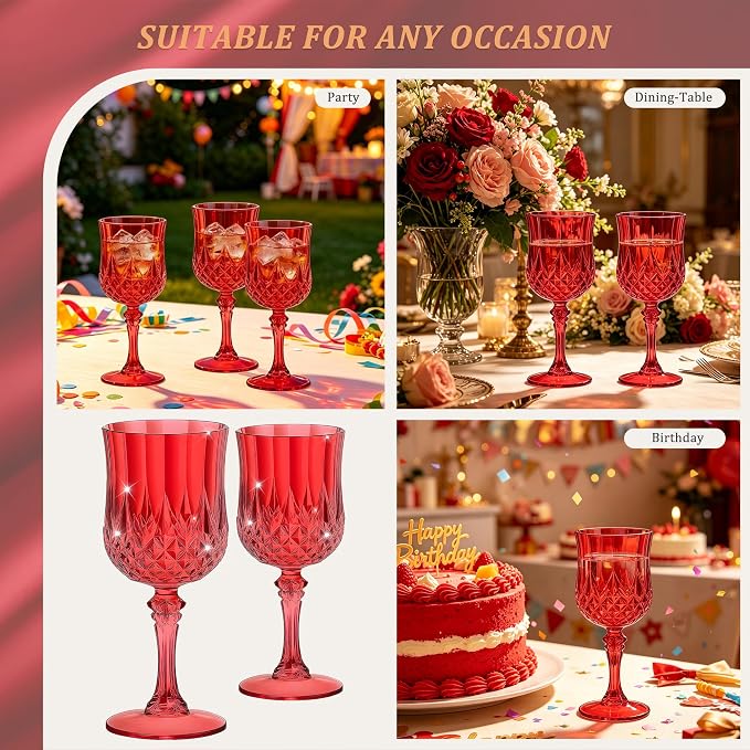 7OZ Plastic Wine Glasses, Reusable Vintage Goblets Unbreakable Drinking Glasses Crystal Water Cups Champagne for Wedding, Parties (48, Red)