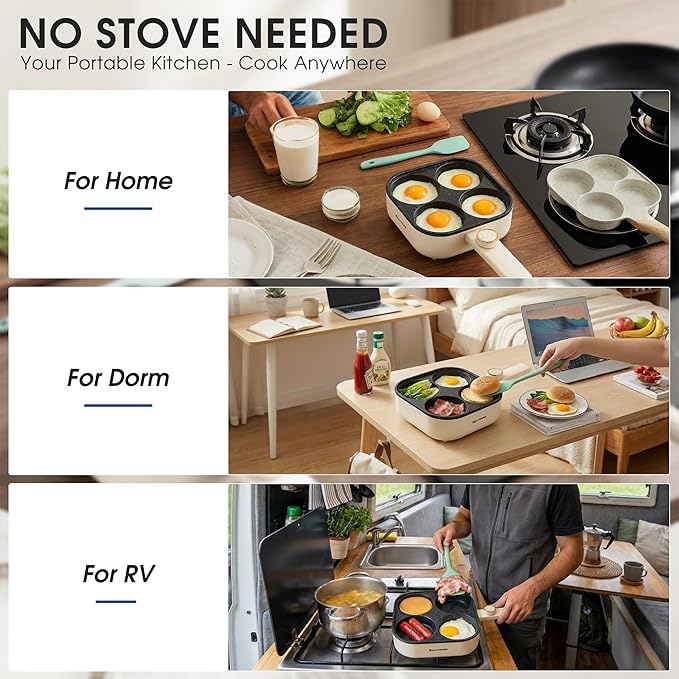 Electric Egg Pan Nonstick: No Stove Needed 900W Granite 4-Cup Omelette Pan with 2 Power Adjustable, Breakfast Non Stick Frying Pans Skillet for Eggs, Pancakes, Crepes, Plett and More