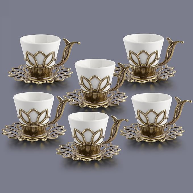 Alisveristime (Set of 6) Turkish Coffee Set with Porcelain Cups, Zamac Holders & Saucers – 80ml Capacity, Ottoman Motif, 4 Color Options (Antique Green)