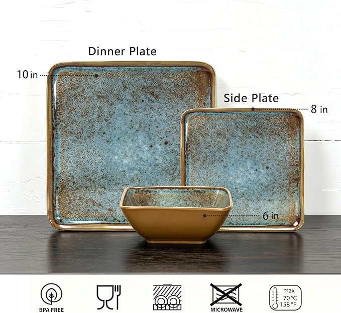Square Melamine Dinnerware Sets, 12 Piece Plates and Bowls Set, Lightweight Dishes Set for Outdoor, Picnic, RV, Camping & Everyday Use, Service for 4