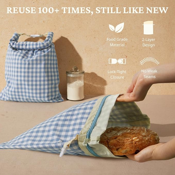 BRONYPRO Reusable Beeswax and Linen Bread Bags with Zipper, 2-Pack Waxed Bread Bags for Homemade Bread & Sourdough, Sustainable Loaf Storage to Lock in Freshness, Large 17x12.6in, Blue Gingham