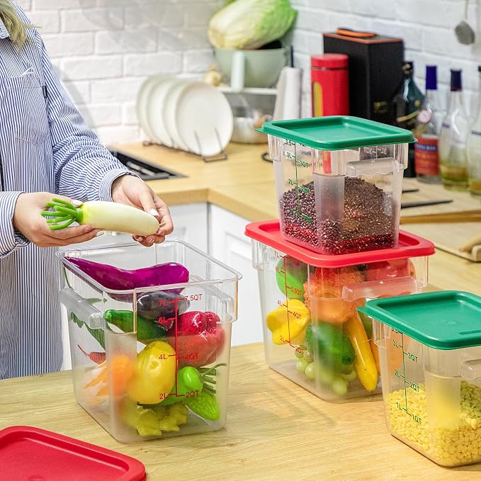 Lallisa 4 Pcs 8qt & 4qt Clear Food Storage Containers with Lids Handles and Scales, Stackable Plastic Square Food Storage Containers for Dough Proofing Baking Kitchen Restaurant(Red, Green)