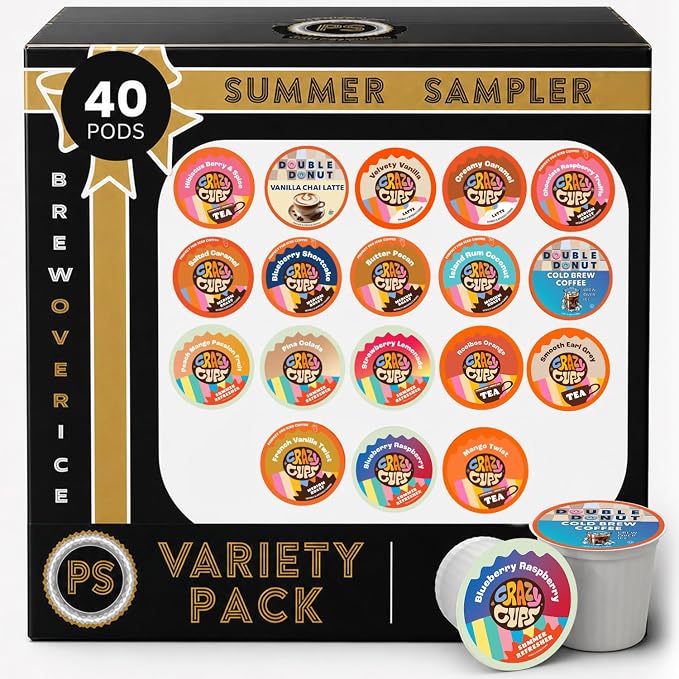Perfect Samplers Brew Over Ice Summer Variety Pack, Assorted Iced Coffee, Refreshers, Cold Brew, Herbal Tea, Latte & Chai Coffee Pods, Compatible with Keurig K-Cup Brewers, 40 Count