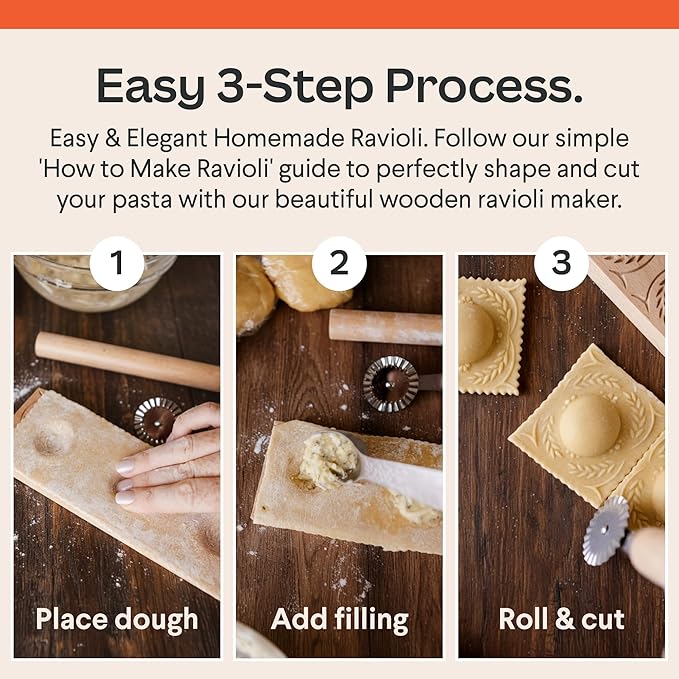 Cooking Gift Set Co. Artisanal Ravioli Maker Press, Wooden Ravioli Mold & Pasta Maker, Ravioli Press, Pasta Cutter Wheel, Ravioli Maker Tool, Guide Pasta Making Tools Set for Homemade Pasta (3 Piece)