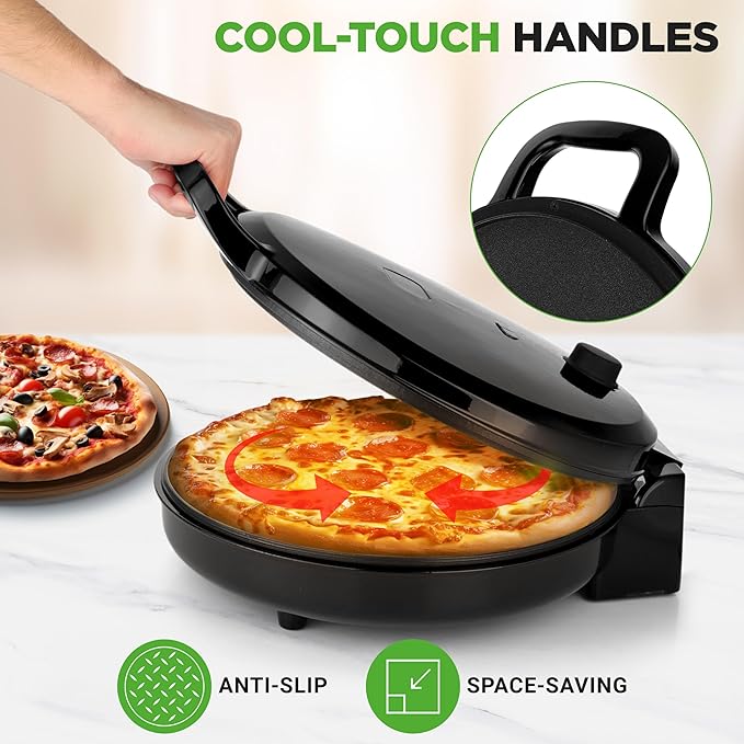 NutriChef Countertop Pizza Maker | 1500W Non-Stick Electric Pizza Cooker | Make 12" Personal Pizzas, Eggs, Toast, Quesadillas & More | Cool-Touch Handles & Space Saving | Temp Range 175-400°F | Black
