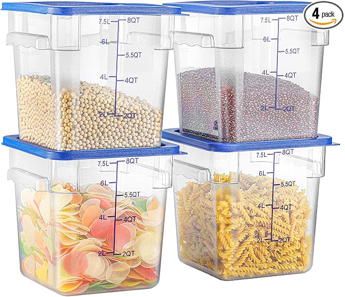 EGGKITPO 8 QT Set of 4 Food Storage Containers with Blue Lids Handle and Scarle Stackable Clear Square Commercial Container Set For Dough Proofing Home Restaurant Kitchen Supply BPA-Free Polycarbonate