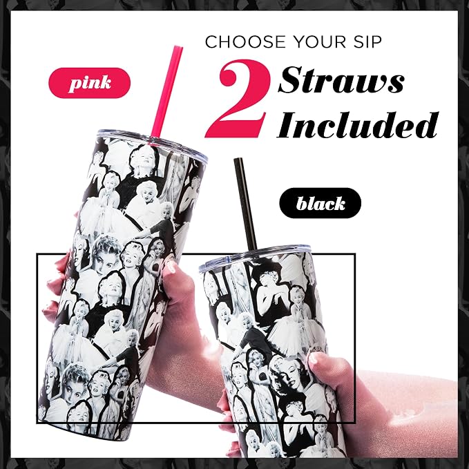 Dragon Glassware x Marilyn Monroe Tumbler with Straw & Lid, 24 oz | Vacuum Insulated Stainless Steel Tumbler with Straw & Lid; Double Walled Tumbler with Straw Charm; Marilyn Monroe Cup
