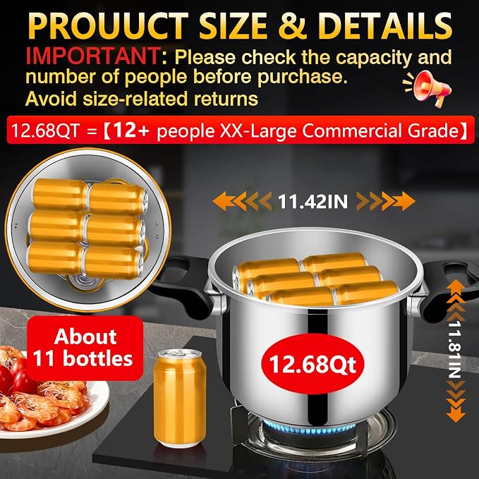 Stainless Steel Pressure Cooker 12 quart Commercial Stove Top Pressure Cooker for canning, Compatible with Gas & Induction, Fast Cooking for large 12+ quart, stainless steel