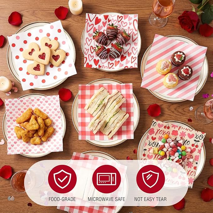 Reallnaive 300 Pcs Valentine Wax Paper Sheets for Food 12 x 12 Inch Pink Heart Parchment Deli Tissue Paper Sandwich Wrapping Sheets Food Basket Liners for Kitchen Restaurant Baking Supplies, 6 Styles