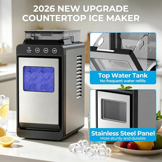 Electactic Countertop Ice Maker with 2L Dual Water Tank, 8 Bullet Ice Fast in 6 Mins, 26 lbs/Day, 2 Ice Sizes, Self-Cleaning Mode,Compact Portable Ice Machine for Home and RV, Stainless Steel