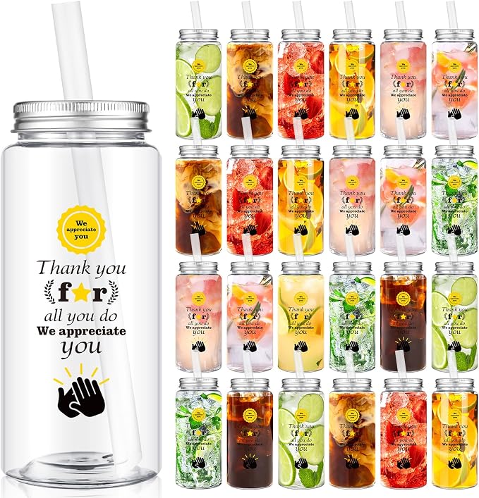 Skylety 24 Pcs Thank You Gifts Bulk, Back to School Gifts for Teachers 14 oz Plastic Cups with Lids and Straw Employee Appreciation for Coworkers, Office Staff, Team, Volunteer, Nurse