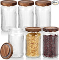 6 Pcs 1000ml/34 oz Vintage Glass Storage Jar Glass Containers with Wood Lid Ribbed Pattern Airtight Kitchen Spice Containers for Pantry, Coffee Bean, Grains, Tea, Sugar, Flour, Candy, Oats