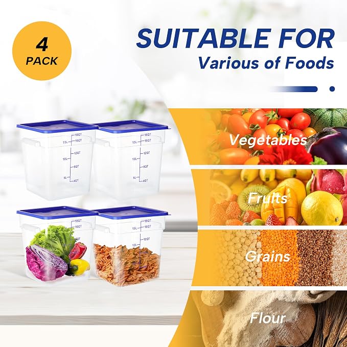 4 Pack Food Storage Containers, 18 Quart with Lids, Square Commercial Containers with Scale, Clear NSF Food Organizing, Polycarbonate