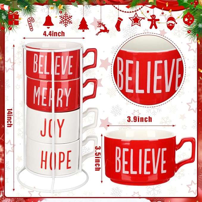 Sliner Set of 4 10 oz Christmas Stackable Large Coffee Mugs with Rack Porcelain Coffee Cups Ceramic Coffee Cup Set with Metal Stand Christmas Theme Coffee Mug for Espresso Tea Cocoa, Red White