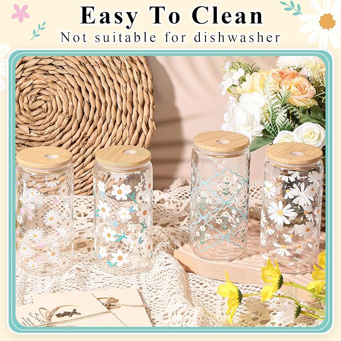 Mumufy 4 Pack Wildflower Glass Cups Gift Aesthetic Cute Glass Cup Tumbler Flower Iced Coffee Mugs 16 oz with Bamboo Lid & Straw, for Wedding Birthday Bridesmaid Mom Baby Shower