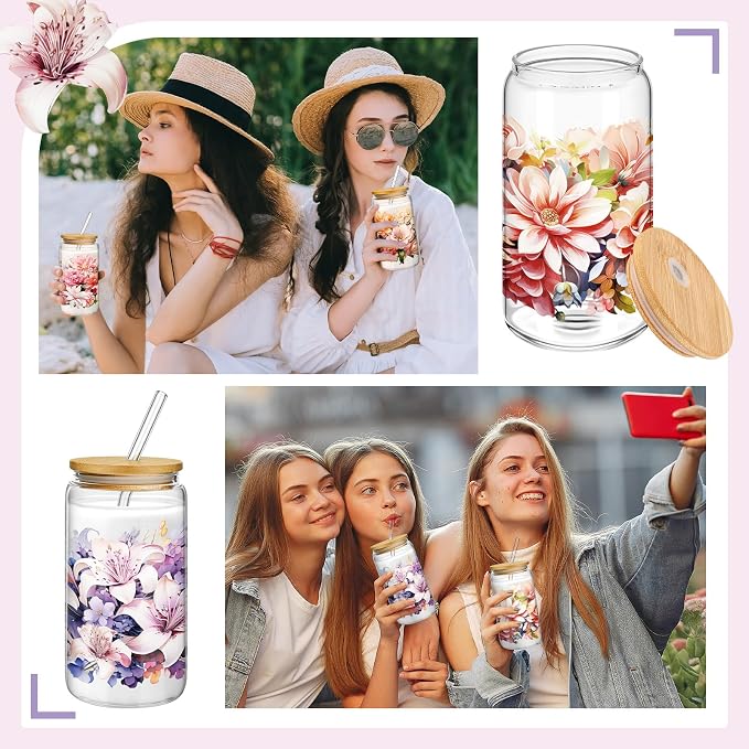 Mumufy 4 Pack Wildflower Glass Cups Gift Aesthetic Cute Glass Cup Tumbler Flower Iced Coffee Mugs 16 oz with Bamboo Lid & Straw, for Wedding Birthday Bridesmaid Mom Baby Shower