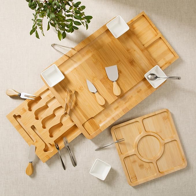 Gibson Home Rustic Inspirations 18-Piece Bamboo Charcuterie Board Set for Serving – Large Cheese & Fruit Tray with Hidden Drawer Ceramic Bowls Utensils – Gift for Entertaining Housewarming Holidays