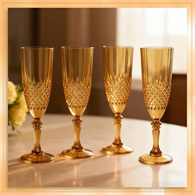 Plastic Champagne Flutes, Champagne Glasses Bulk, Reusable Unbreakable Acrylic Wine Glasses Goblets for Weddings Bachelor Parties Toasting Bridal Shower (12,Amber)