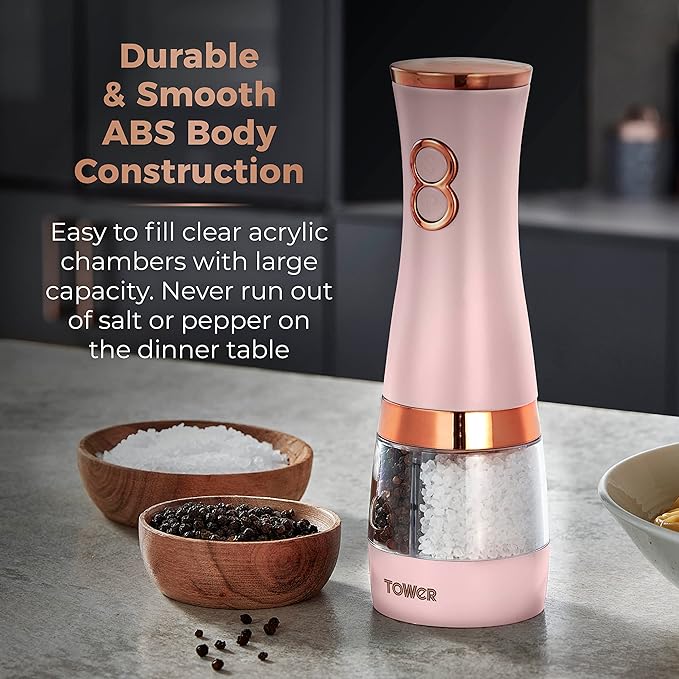 Tower T847004PNK Electric Salt and Pepper Mills, Battery Operated with Adjustable Ceramic Grinders, Pink and Rose Gold