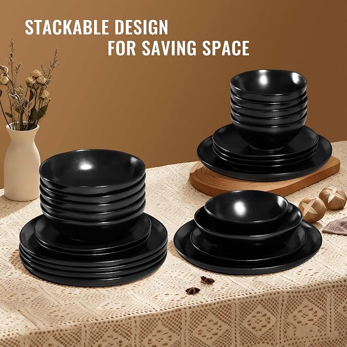 Herogo Stoneware Dinnerware Sets for 8, 24 Piece Ceramic Dinner Dishes Set, Irregular Handmade Plates and Bowls Dishware, Crack and Scratch Resistant, Reactive Glaze, Matte Black