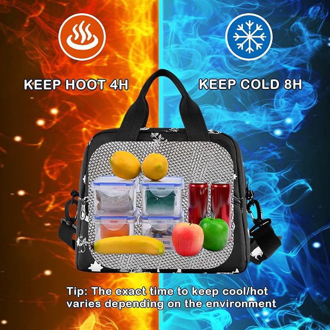 Skull Cat Moon Gothic Insulated Lunch Bag Reusable Lunch Tote Bag Cooler Bag for Women Men Adult Lunch Box with Adjustable Shoulder Strap Leakproof Lunch Bag for Work School Picnic Camping