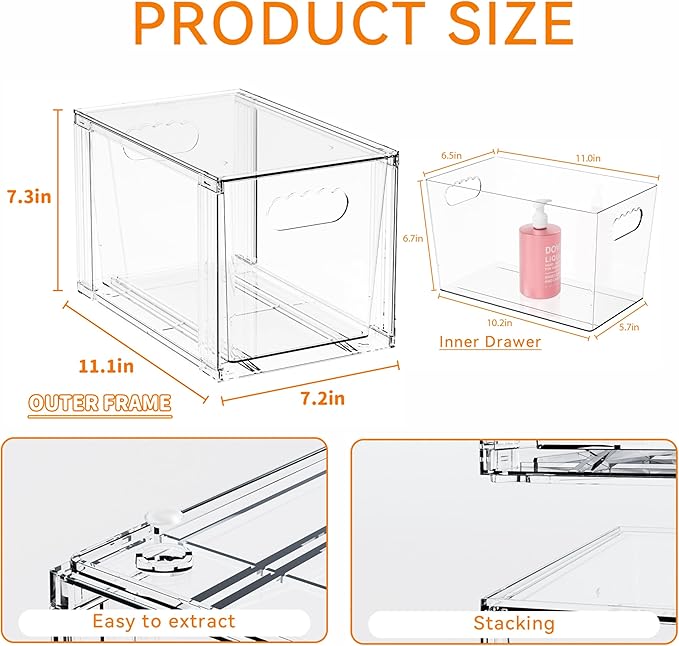 Yieach 4 Pack Large Stackable Storage Drawers,Clear Acrylic Drawer Organizers and Baby Bottle Organizer for Countertop,Cabinet,Bathroom,Pantry,Office Closet Organizers and Brightroom Storage Bins