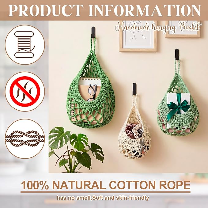 Honeydak Boho Decor Hanging Wall Baskets for Kitchen 3 Pack Teardrop Baskets with Hooks Storage Fruit Onion Vegetable Potato for Home 3 Sizes(Spring Color,Crochet,Cotton Rope)