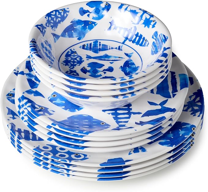 Fish Tale 12 Pc. MELAMINE DINNERWARE SET, SERVICE for 4 – Cobalt Blue Fish School, Outdoor Plates Bowls, Shatterproof Coastal Dining, Poolside Patio Entertaining, Mediterranean Dreams for Every Meal