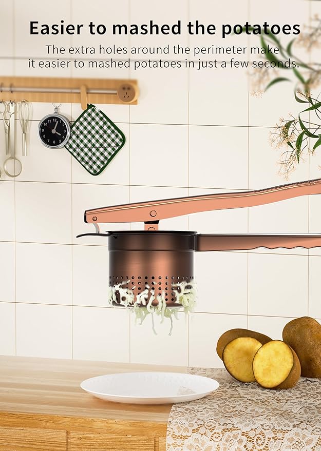 GloTika Large 15oz Potato Ricer Masher, Heavy Duty Stainless Steel Potato Masher with Ergonomic Handle, Masher and Ricer Kitchen Tool for Mashed Potatoes, Noodle Maker, Bronze Color