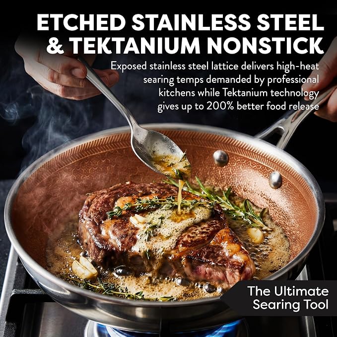 CERAMAX Gotham Steel Hybrid 3pc Stainless Steel Non Stick Frying Pans Set, 8 10 12 inch Ceramic Frying Pan Skillet Set, Induction Ready, Made without PFAS & PFOA, Oven and Dishwasher Safe - Copper